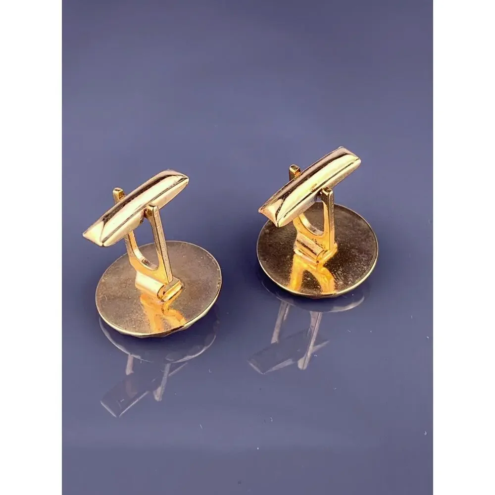 Round White Rhinestone Gold Tone Cufflinks Textured Mid Century Simple Vintage